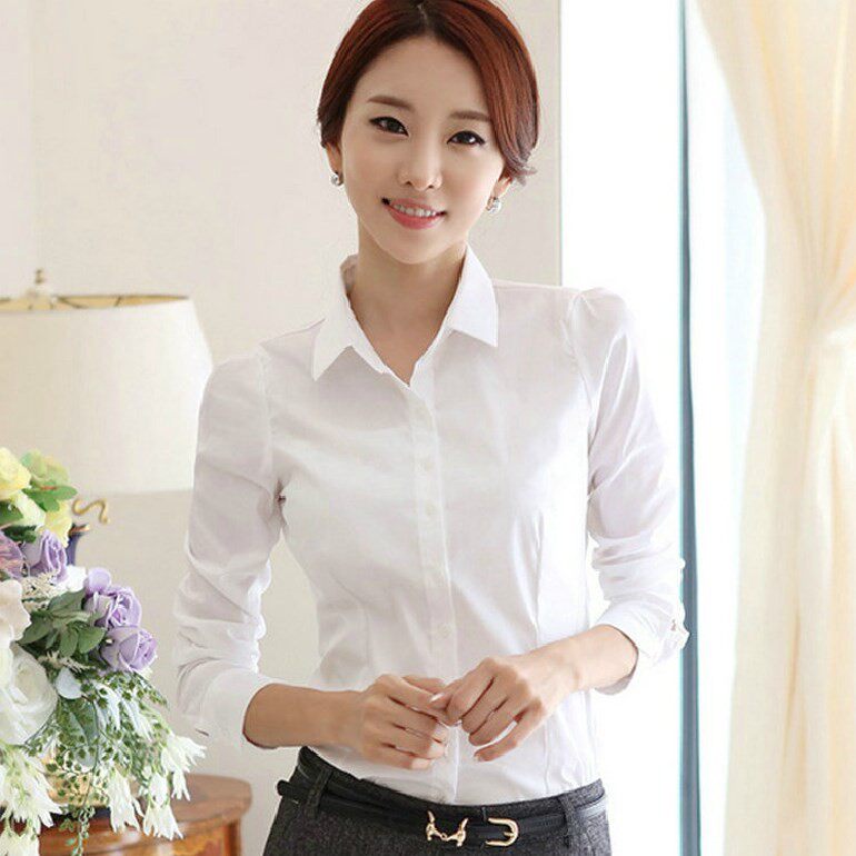 韩范百搭不透职业装白衬衫女长袖抗皱棉质小领衬衣显瘦女学生面试