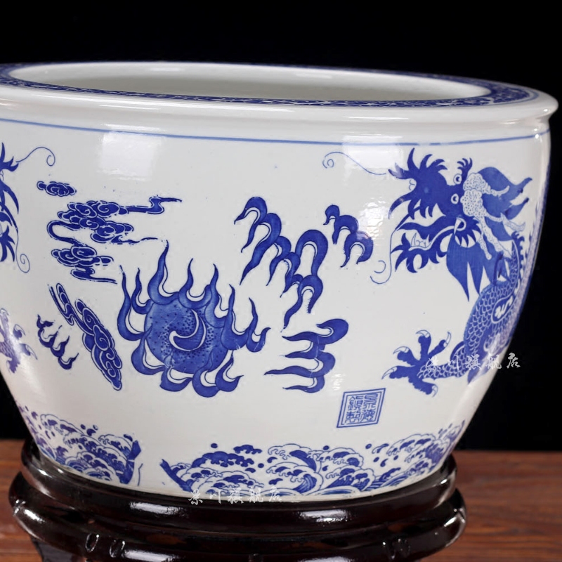 Jingdezhen ceramics brocade carp goldfish bowl water lily blue and white porcelain dragon lotus tortoise cylinder household adornment furnishing articles