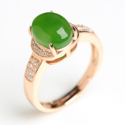 正品925纯镶嵌菠菜绿碧玉戒指 复古天然玉石女款可伸缩和田玉指环_不