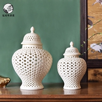 New Chinese style entrance model room wine cabinet decorations simple white hollow ceramic storage cans ornaments Chinese style