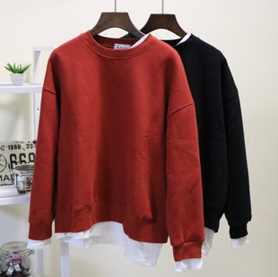 eleven正品假两件卫衣女套头韩版宽松女装冬新款纯色拼接加厚加绒