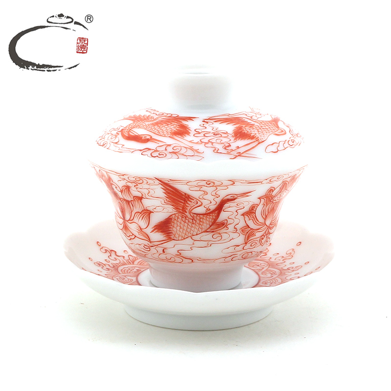 Red tureen tea cups and auspicious alum jingdezhen hand - made ceramic tea set sample tea cup manually pull embryo all three to the bowl