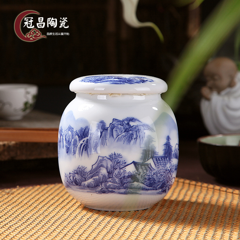 The Crown, jingdezhen ceramic blue and white porcelain tea pot small POTS sealed tank storage as cans of 140 grams of tieguanyin