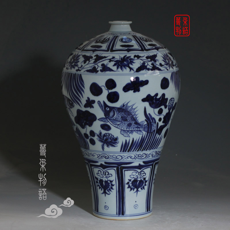 Archaize of jingdezhen yuan blue and white fish grain mei bottles of jingdezhen high copy yuan blue - and - white yuan blue and white fish grain mei bottle