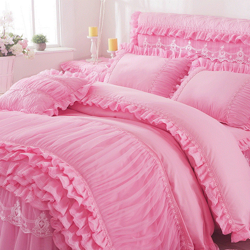 三件套双人单花边被套蕾丝被罩纯色单件磨毛被罩单件韩式蕾丝花边_不