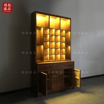 Old elm paint-free solid wood put small teapot tea bowl display cabinet custom new Chinese style with light display rack Bogu rack furniture