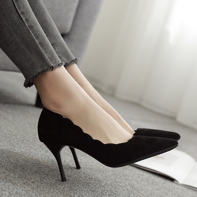黑色绒面高跟鞋细跟尖头单鞋女优雅职业7cm中低跟5cm3cmol少女鞋