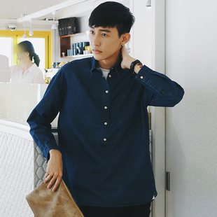 刺绣 半开襟低领宽松外搭垂肩长袖衬衣潮男青少年刺绣 春夏牛仔布衬衫