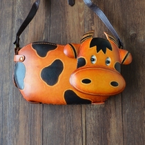 Female handmade genuine leather mobile phone bag Leisure diagonal satchel Bull Leather Single Shoulder Bag Animal Mini Small Bag Bag Cute Little Satchel Bag