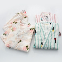 Womens cotton pajamas Spring and autumn double-layer cotton gauze mid-sleeve trousers Japanese kimono home service suit Foreign trade
