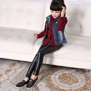 包邮新款秋冬儿童皮裤加厚pu皮裤女小童打底裤儿童九分外穿长裤子
