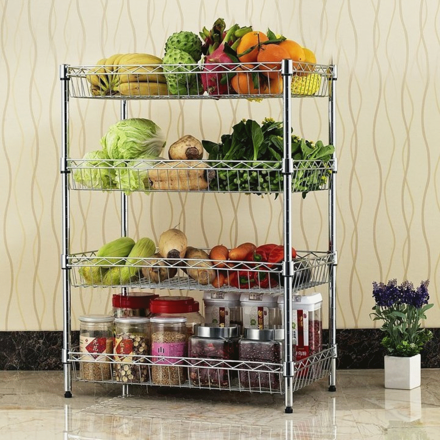 多功能厨房置物架落地放蔬菜架子厨房用品收纳架储物架网篮3,4层