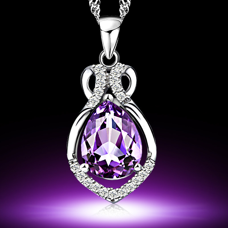 天然宝石紫水晶项链 女925银吊坠短款锁骨链 配饰银饰情人礼物