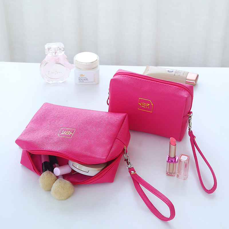 简约韩国化妆包袋黑色小号纯色粉色手包式随身便携女小方包产品展示图1