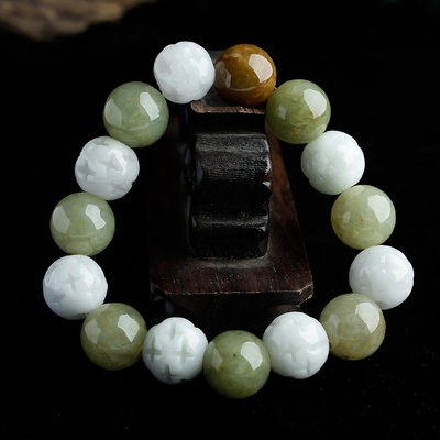 老坑a货翡翠冰黄三彩龙珠手链13mm 天然缅甸玉石佛珠玉手串男女款_不