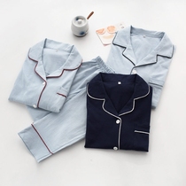 Knitted cotton pajamas Japanese-style couple long-sleeved home clothes set cotton cardigan spring and autumn mens and womens home clothes