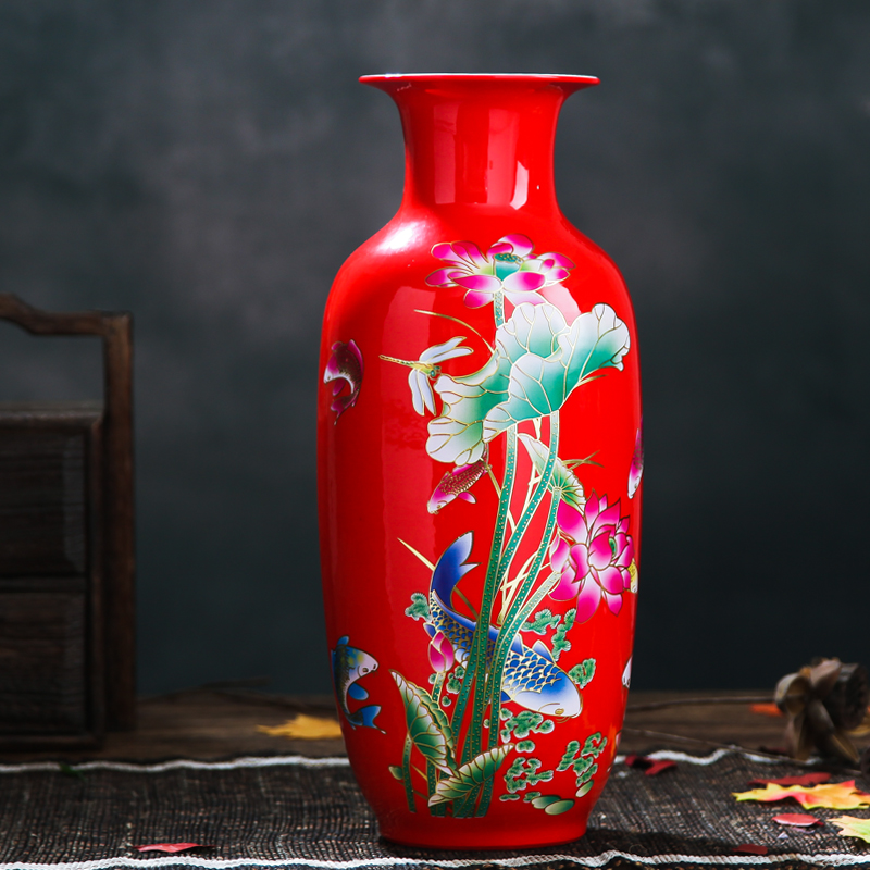 Jingdezhen ceramics China red paint vase vase lotus wedding gifts home handicraft furnishing articles