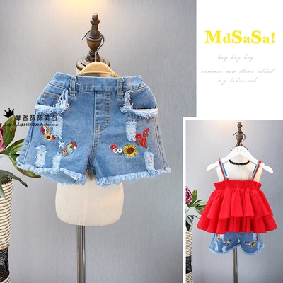 Summer break code clearance children's wear jeans jeans embroidered denim shorts hot pants Korean children's embroidery shorts