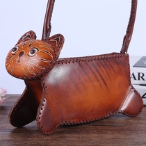 Handmade woman bag genuine leather mobile phone bag cartoon hand carrying bag cute kitty bag hand-painted animal bag creative single shoulder bag bag
