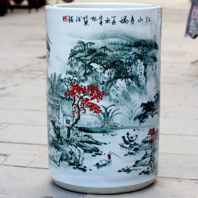 Jingdezhen ceramic hand - made landscape painting vase household living room office furnishing articles study calligraphy and painting scroll to receive goods