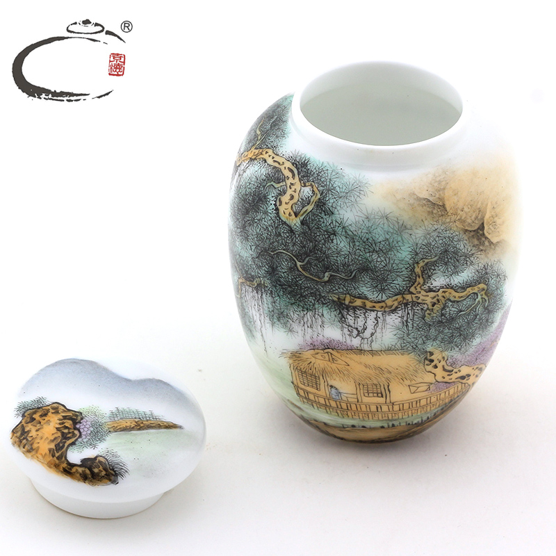 Old and auspicious porcelain craft works of li yong pastel landscape gao caddy fixings ceramic seal pot