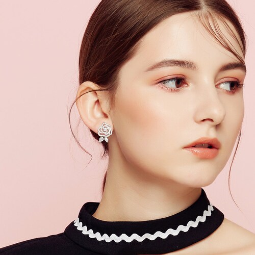 yingacc925银针美丽玫瑰花锆石气质耳环流行配饰装饰品女短款耳钉_7折