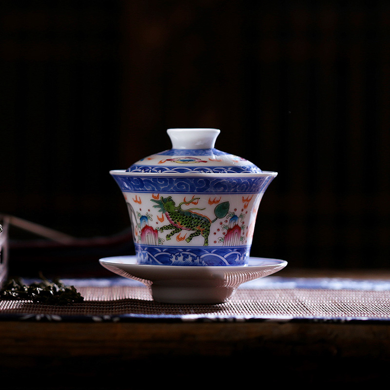 Hong xin tureen large ceramic tea set tea cups jingdezhen hand - made pastel three of the bowl bowl