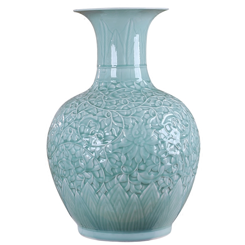 Jingdezhen ceramic floor big vase furnishing articles shadow carving celadon flower arranging device home sitting room hotel decoration process