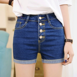 高腰排扣牛仔短裤女夏季韩版弹力修身休闲显瘦卷边潮大码胖mm热裤