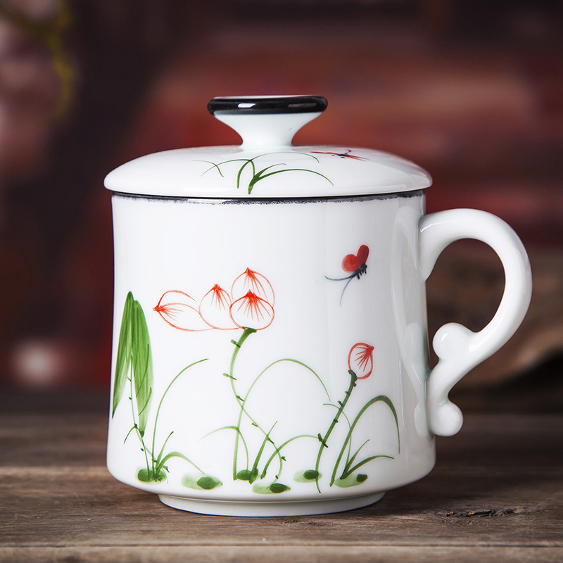 Jingdezhen office shadow blue glaze celadon tea cup boss cup blue and white hand made with a lid filter cups