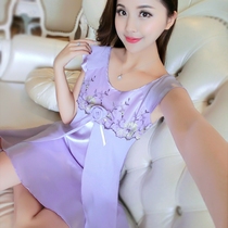 Sleeping Skirt Woman Summer Thin Ice Silk Sexy Lady Sleepwear Summer Sleeveless mid-length Lace Cute Home Dress