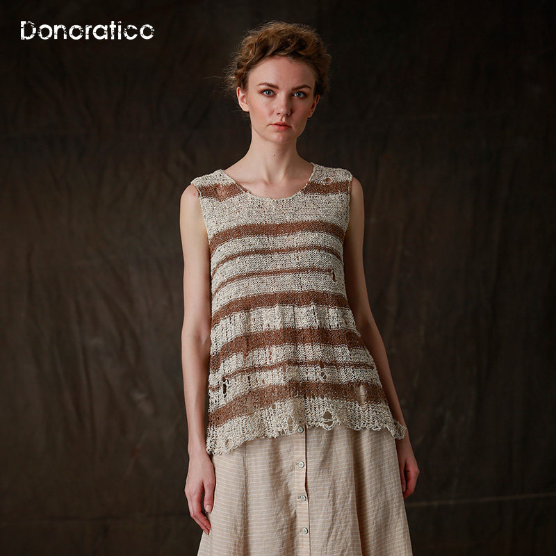 达衣岩 夏季新款时尚女装针织上衣 条纹毛织背心 镂空套头毛衣女