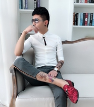 Summer new hair stylist tide Half sleeve shirt male slim youth personality fashion nightclub sleeve shirt