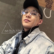 Korean version of the net red with square large frame metal glasses male trendy personality retro with hanging chain thin face glasses female