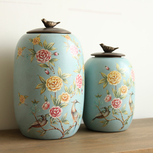 摆件 家居客厅装饰品摆件创意家居工艺品摆设陶瓷储物罐包邮 鸟与花家