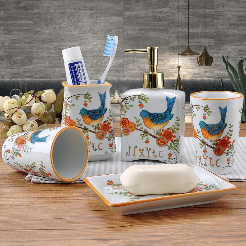 Set the new American ice crack high temperature ceramic sanitary ware has five flower and bird bathroom toiletries mouthwash mouthwash cups