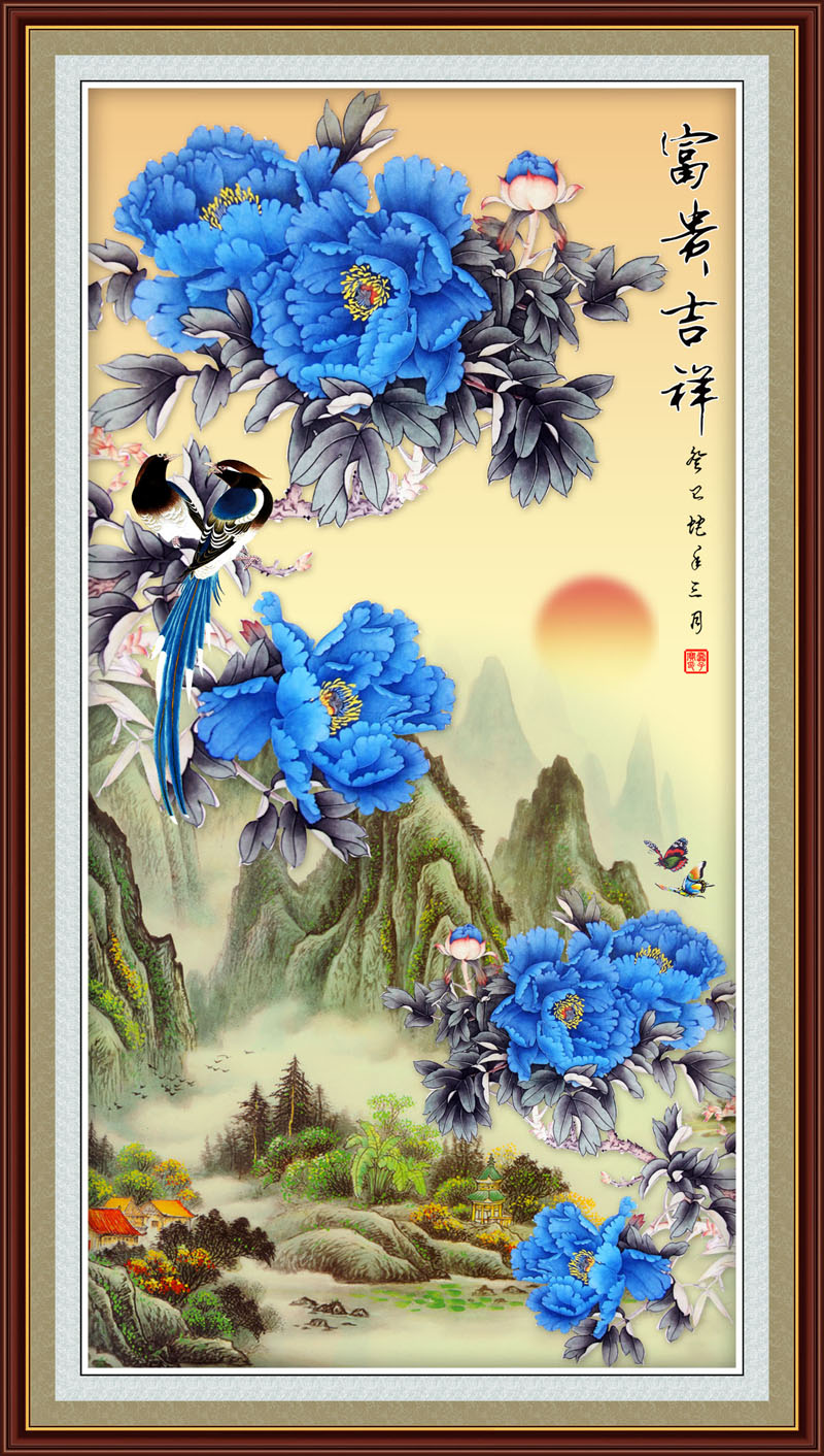 756版画海报印制展板喷绘695富贵花开牡丹鸟山水蝴蝶国画装饰画