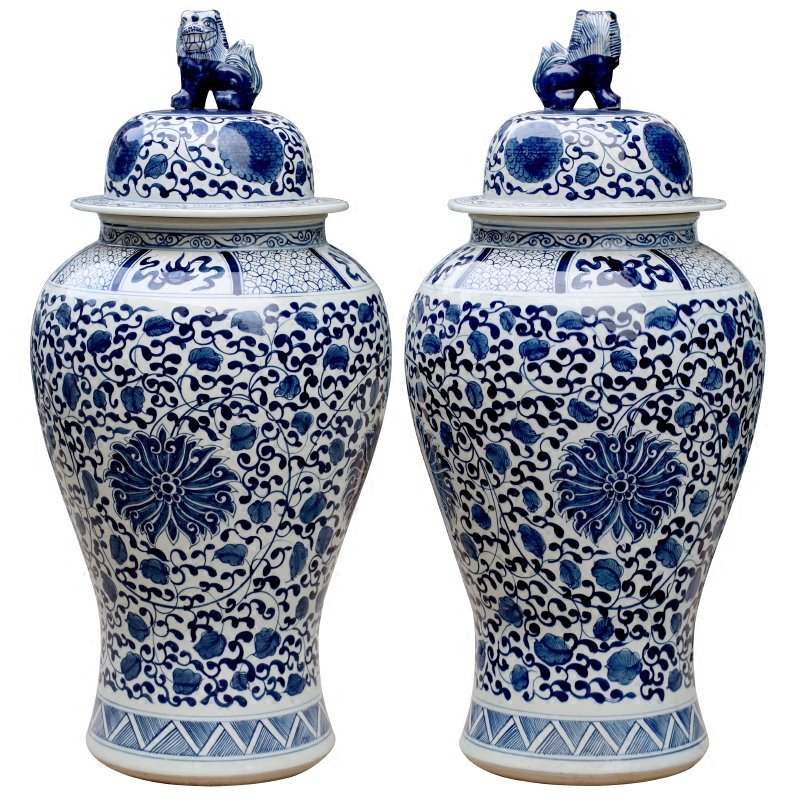 Blue and white porcelain of jingdezhen ceramics hand - made bound lotus flower of large vase household archaize sitting room place the general tank