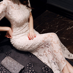 2016夏季新款女装女神款性感礼服长裙蕾丝短袖绣花镂空开叉连衣裙