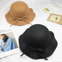 Korean version of wooden ear hairy basin hat lace bow wave eaves small gift hat tide girl British elegant sun hat