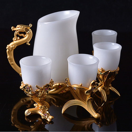 批发汉白玉梅兰竹菊分酒器摆件珍藏礼品天然正品阿富汗金镶玉酒杯_7折