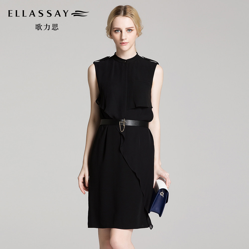 ellassay歌力思夏季女装 时尚纯色淑女无袖中腰连衣裙短裙一步裙