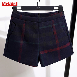 新款秋冬高腰<em>阔腿短裤</em>女<em>韩版修身</em>格子a字大码