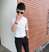 2021 summer Korean mens Half sleeve shirt slim thin personality stitching hollow hair stylist shirt tide handsome