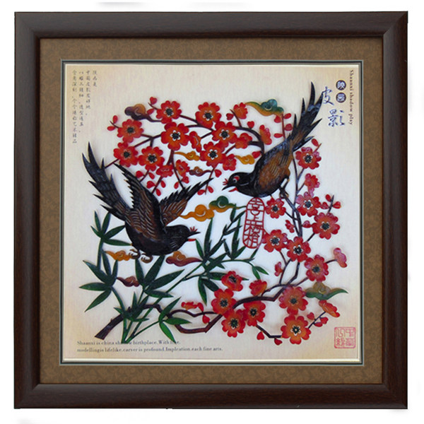 陕西皮影民间工艺品旅游纪念家居装饰画大镜框吉祥花鸟