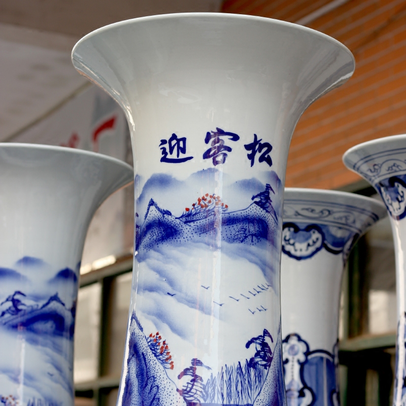 Blue and white porcelain of jingdezhen ceramic hand - made guest - the greeting pine of large vase household living room decoration to the hotel with modern furnishing articles