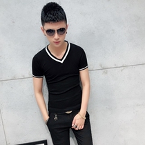 155 mens chicken heart collar tide male V collar short sleeve t-shirt social guy tight base shirt hair stylist slim cotton bomb