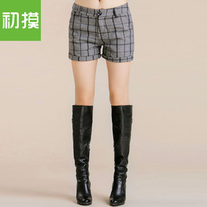 初摸 2015秋冬<em>毛呢格子短裤女</em> 显瘦修身呢子热