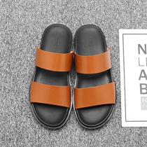 Cool Slippers Mens Summer European Standing Leather Slippers Men Genuine Leather Thick Bottom Non-slip Line Slippers Bull Leather Beach Tide Tug
