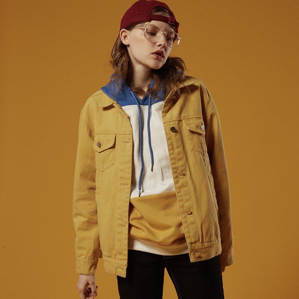 square houlest原创休闲日系文艺百搭宽松黄色纯棉水洗牛仔衣外套